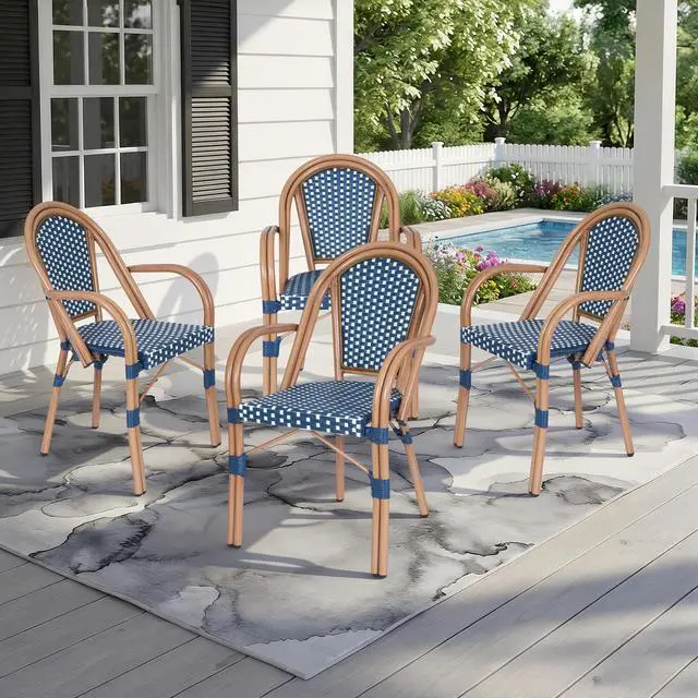 Alt view image 7 of 7 - VANBOW French Bistro Chairs Set of 4, Hand-Woven PE Rattan Outdoor Arm Dining Chairs with Metal Frame for Garden Balcony, White/Blue
