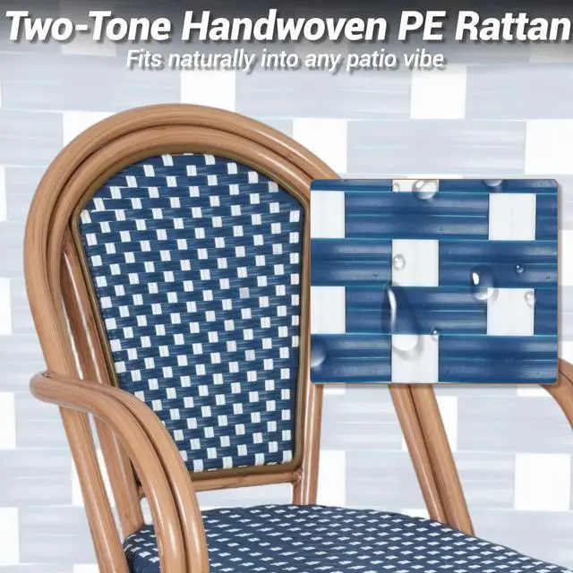 Alt view image 5 of 7 - VANBOW French Bistro Chairs Set of 4, Hand-Woven PE Rattan Outdoor Arm Dining Chairs with Metal Frame for Garden Balcony, White/Blue