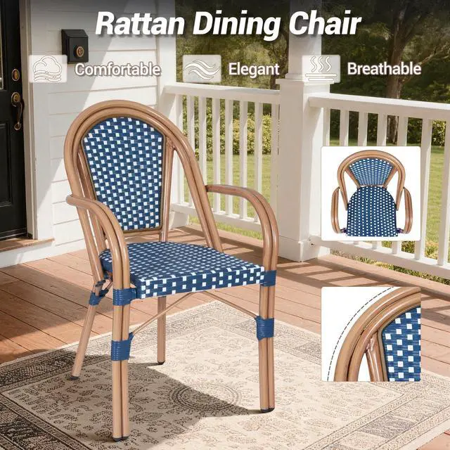 Alt view image 4 of 7 - VANBOW French Bistro Chairs Set of 4, Hand-Woven PE Rattan Outdoor Arm Dining Chairs with Metal Frame for Garden Balcony, White/Blue