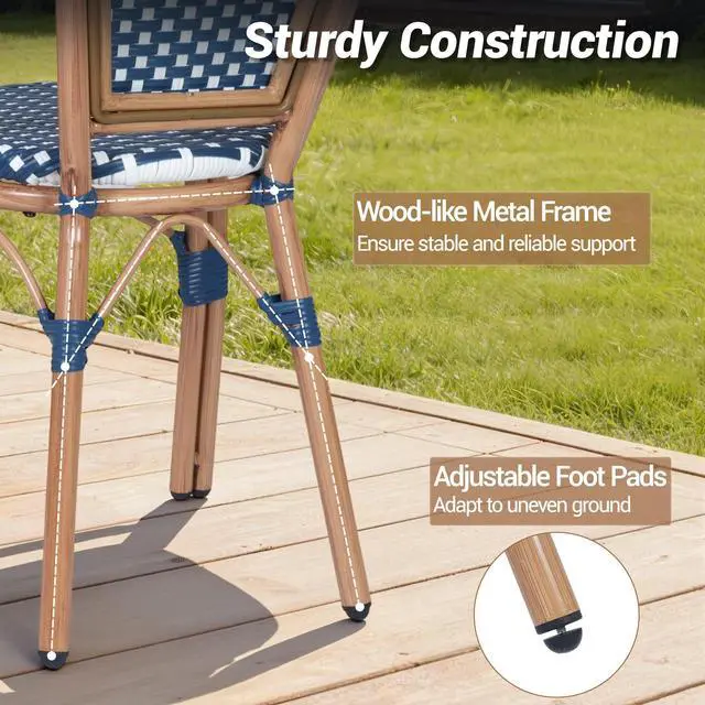 Alt view image 3 of 7 - VANBOW French Bistro Chairs Set of 4, Hand-Woven PE Rattan Outdoor Arm Dining Chairs with Metal Frame for Garden Balcony, White/Blue