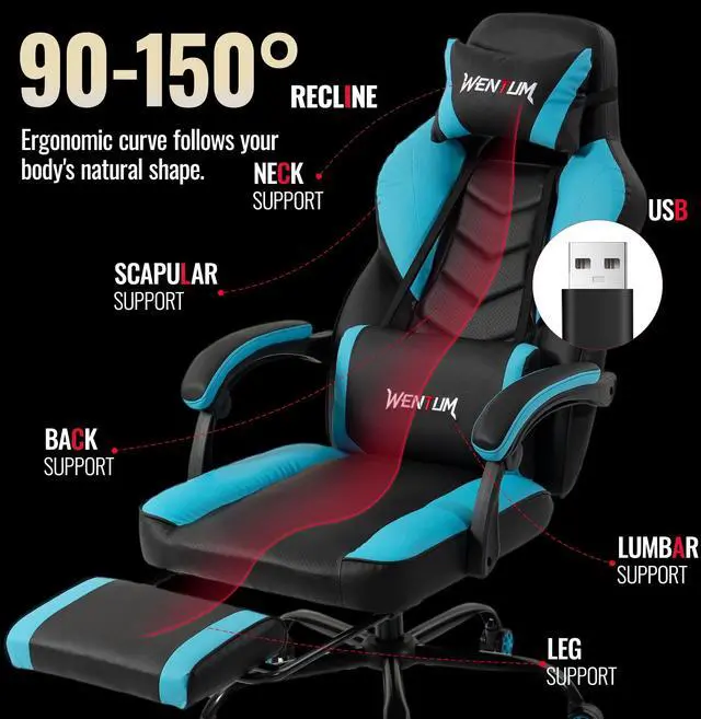 Alt view image 3 of 6 - VANBOW Big and Tall Gaming Chair 350lb Weight Capacity with Footrest, Ergonomic Video Game Chair for Adults with Oversized Headrest and Lumbar Pillow, Computer Chair Gaming for Office(Red) Blue