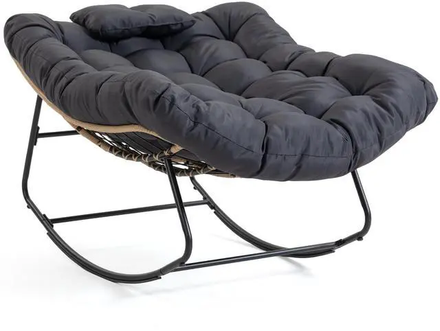 Main image of VANBOW Large Indoor Outdoor Rocking Chair, Papasan Rocking Chair with Thick Cushion, Oversized Wicker Rocker Egg Chairs, Black