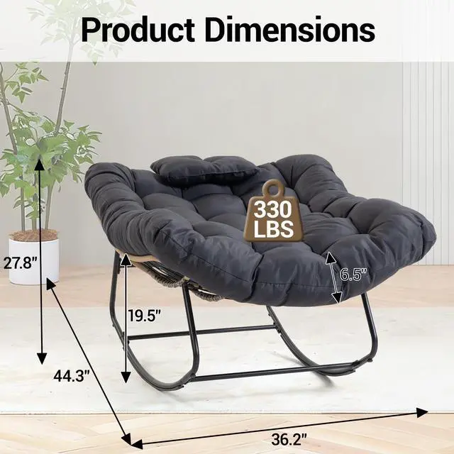 Alt view image 2 of 7 - VANBOW Large Indoor Outdoor Rocking Chair, Papasan Rocking Chair with Thick Cushion, Oversized Wicker Rocker Egg Chairs, Black