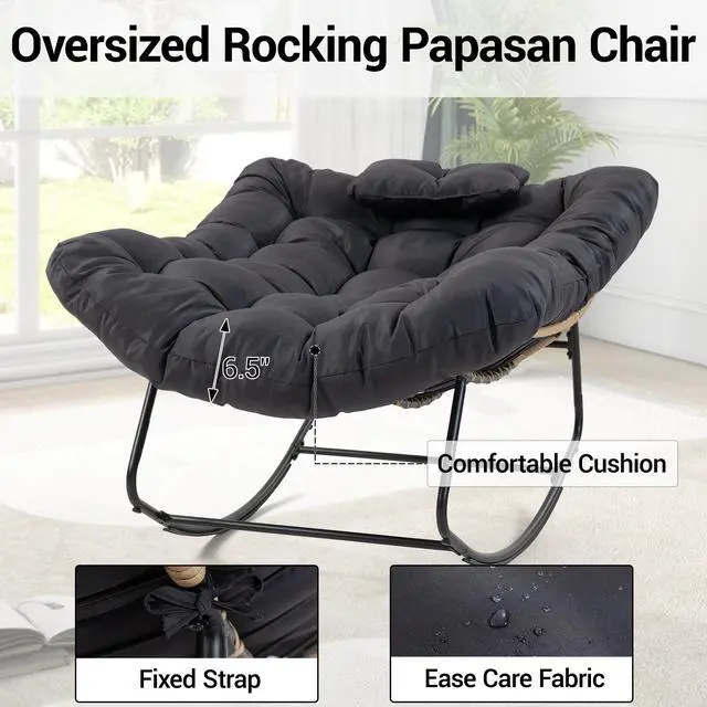 Alt view image 5 of 7 - VANBOW Large Indoor Outdoor Rocking Chair, Papasan Rocking Chair with Thick Cushion, Oversized Wicker Rocker Egg Chairs, Black