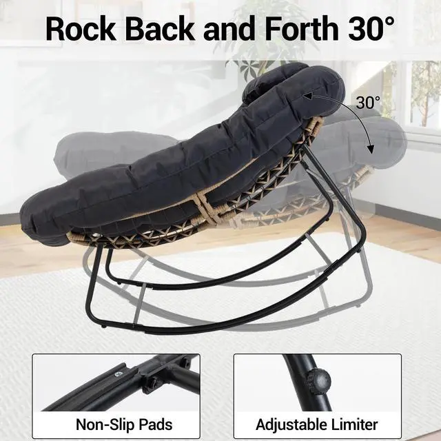 Alt view image 3 of 7 - VANBOW Large Indoor Outdoor Rocking Chair, Papasan Rocking Chair with Thick Cushion, Oversized Wicker Rocker Egg Chairs, Black