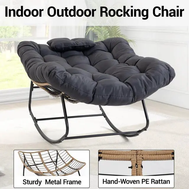 Alt view image 4 of 7 - VANBOW Large Indoor Outdoor Rocking Chair, Papasan Rocking Chair with Thick Cushion, Oversized Wicker Rocker Egg Chairs, Black