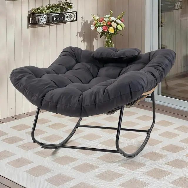 Alt view image 7 of 7 - VANBOW Large Indoor Outdoor Rocking Chair, Papasan Rocking Chair with Thick Cushion, Oversized Wicker Rocker Egg Chairs, Black