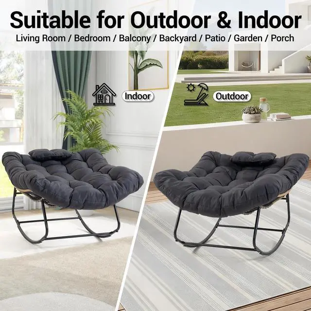 Alt view image 6 of 7 - VANBOW Large Indoor Outdoor Rocking Chair, Papasan Rocking Chair with Thick Cushion, Oversized Wicker Rocker Egg Chairs, Black