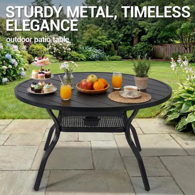 Alt view image 3 of 7 - VANBOW 41.3" Outdoor Dining Table for 4, Metal Round Patio Dining Table with Adjustable Umbrella Hole for Garden, Backyard and Porch, Black
