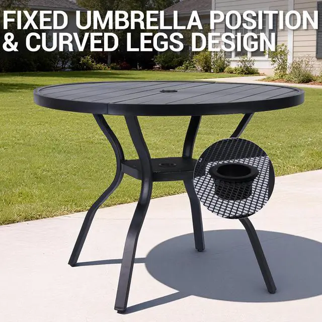 Alt view image 5 of 7 - VANBOW 41.3" Outdoor Dining Table for 4, Metal Round Patio Dining Table with Adjustable Umbrella Hole for Garden, Backyard and Porch, Black