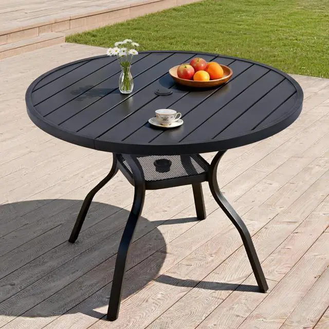 Alt view image 6 of 7 - VANBOW 41.3" Outdoor Dining Table for 4, Metal Round Patio Dining Table with Adjustable Umbrella Hole for Garden, Backyard and Porch, Black