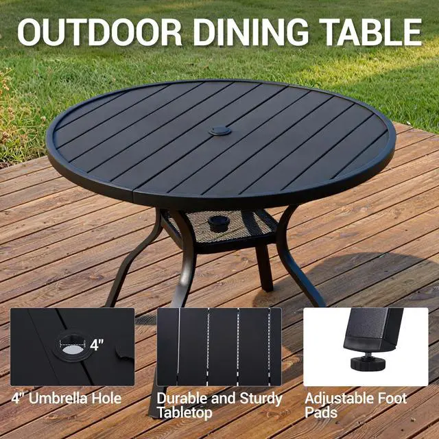Alt view image 4 of 7 - VANBOW 41.3" Outdoor Dining Table for 4, Metal Round Patio Dining Table with Adjustable Umbrella Hole for Garden, Backyard and Porch, Black