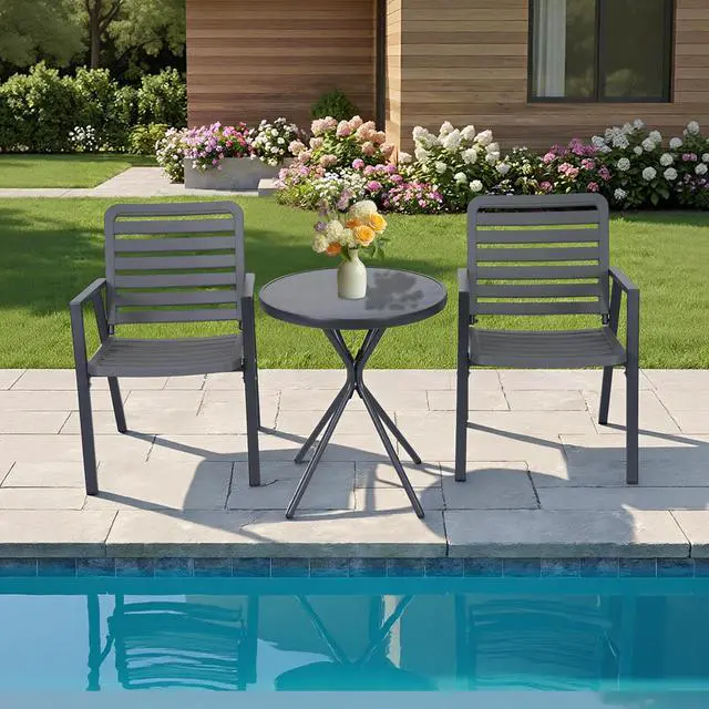 Main image of VANBOW Outdoor Dining Chairs Set of 2, All-Weather PP-Patio Chairs, Metal Frame Outdoor Chairs, Waterproof Restaurant Chairs for Front Porch, Balcony Chairs for Backyard Garden, Grey