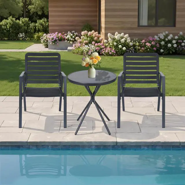Main image of VANBOW Outdoor Dining Chairs Set of 2, All-Weather PP-Patio Chairs, Metal Frame Outdoor Chairs, Waterproof Restaurant Chairs for Front Porch, Balcony Chairs for Backyard Garden, Black