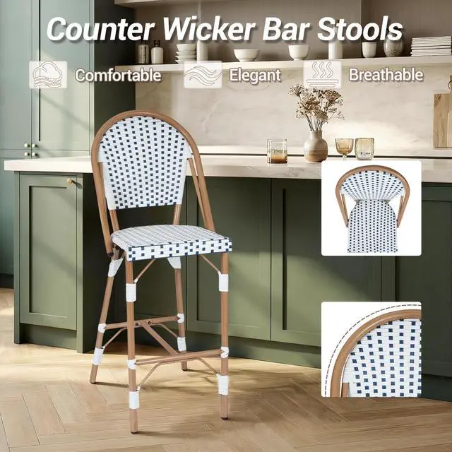 Alt view image 7 of 7 - VANBOW French Counter Height Bar Stool Set of 2, 30" Patio Rattan Bar Stool Chairs, Outdoor Armless Barstools for Porch Garden Indoor, White/Blue