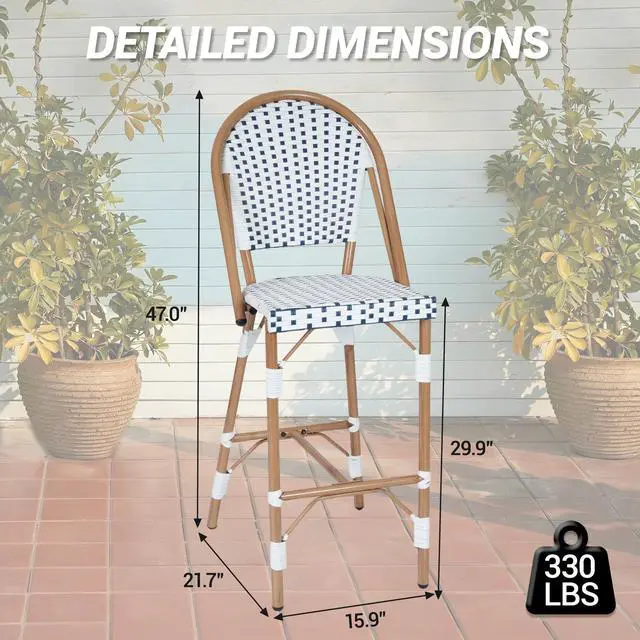 Alt view image 3 of 7 - VANBOW French Counter Height Bar Stool Set of 2, 30" Patio Rattan Bar Stool Chairs, Outdoor Armless Barstools for Porch Garden Indoor, White/Blue
