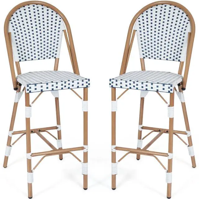 Alt view image 2 of 7 - VANBOW French Counter Height Bar Stool Set of 2, 30" Patio Rattan Bar Stool Chairs, Outdoor Armless Barstools for Porch Garden Indoor, White/Blue