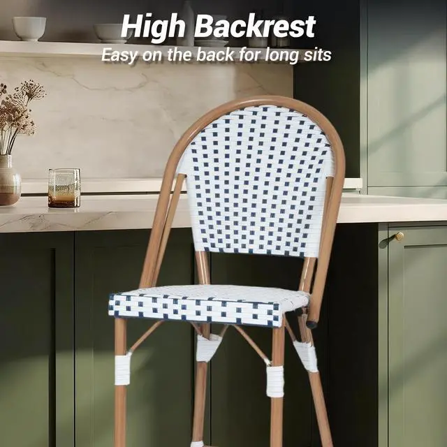 Alt view image 5 of 7 - VANBOW French Counter Height Bar Stool Set of 2, 30" Patio Rattan Bar Stool Chairs, Outdoor Armless Barstools for Porch Garden Indoor, White/Blue