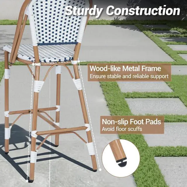 Alt view image 4 of 7 - VANBOW French Counter Height Bar Stool Set of 2, 30" Patio Rattan Bar Stool Chairs, Outdoor Armless Barstools for Porch Garden Indoor, White/Blue