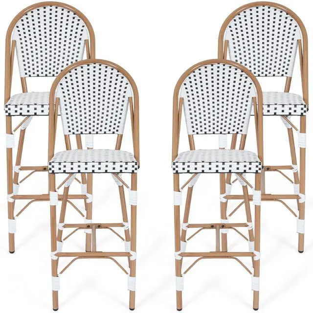 Alt view image 2 of 7 - VANBOW French Counter Height Bar Stool Set of 4, 30" Patio Rattan Bar Stool Chairs, Outdoor Armless Barstools for Porch Garden Indoor, White/Black