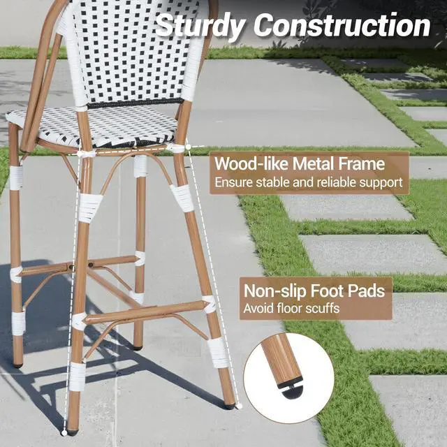Alt view image 4 of 7 - VANBOW French Counter Height Bar Stool Set of 4, 30" Patio Rattan Bar Stool Chairs, Outdoor Armless Barstools for Porch Garden Indoor, White/Black