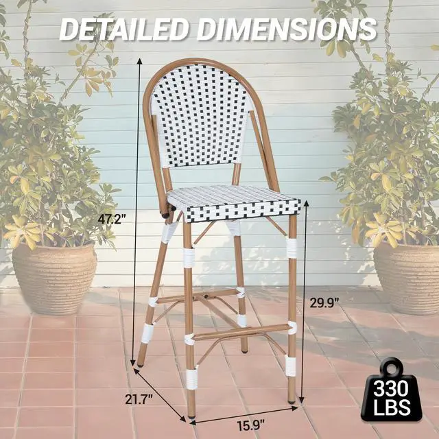 Alt view image 3 of 7 - VANBOW French Counter Height Bar Stool Set of 4, 30" Patio Rattan Bar Stool Chairs, Outdoor Armless Barstools for Porch Garden Indoor, White/Black