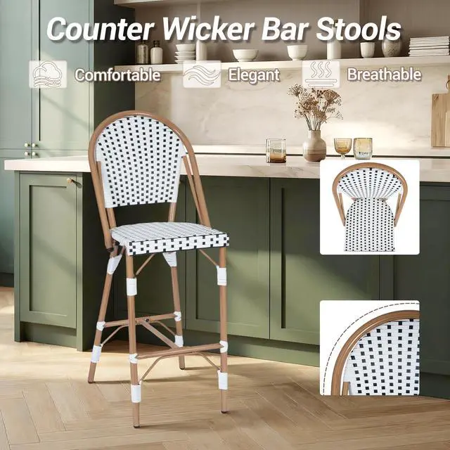 Alt view image 7 of 7 - VANBOW French Counter Height Bar Stool Set of 4, 30" Patio Rattan Bar Stool Chairs, Outdoor Armless Barstools for Porch Garden Indoor, White/Black