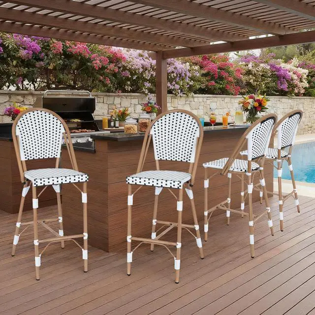 Main image of VANBOW French Counter Height Bar Stool Set of 4, 30" Patio Rattan Bar Stool Chairs, Outdoor Armless Barstools for Porch Garden Indoor, White/Black