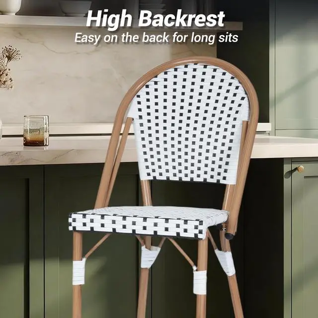Alt view image 5 of 7 - VANBOW French Counter Height Bar Stool Set of 4, 30" Patio Rattan Bar Stool Chairs, Outdoor Armless Barstools for Porch Garden Indoor, White/Black