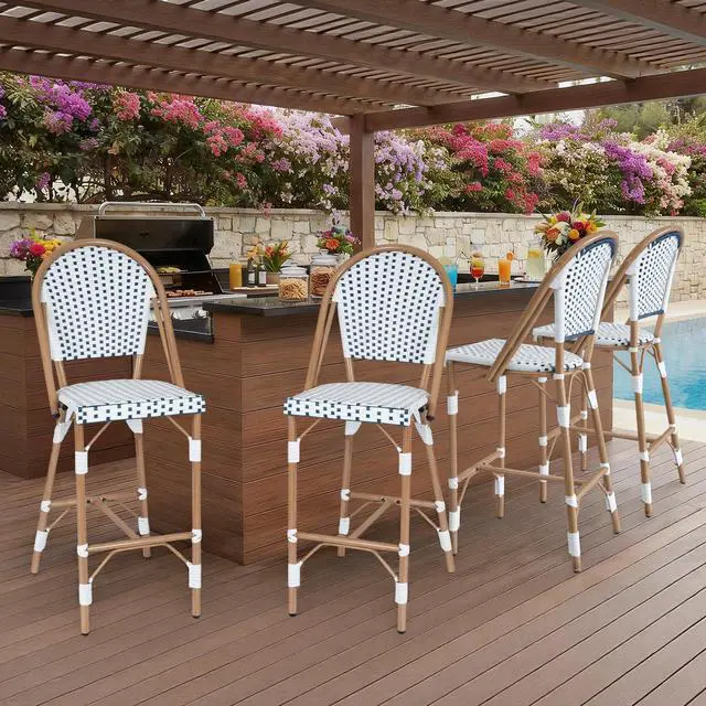 Main image of VANBOW French Counter Height Bar Stool Set of 4, 30" Patio Rattan Bar Stool Chairs, Outdoor Armless Barstools for Porch Garden Indoor, White/Blue