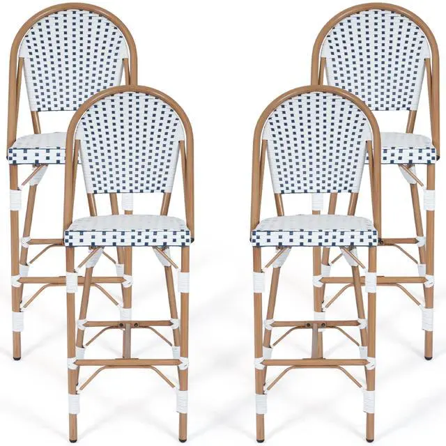 Alt view image 2 of 7 - VANBOW French Counter Height Bar Stool Set of 4, 30" Patio Rattan Bar Stool Chairs, Outdoor Armless Barstools for Porch Garden Indoor, White/Blue