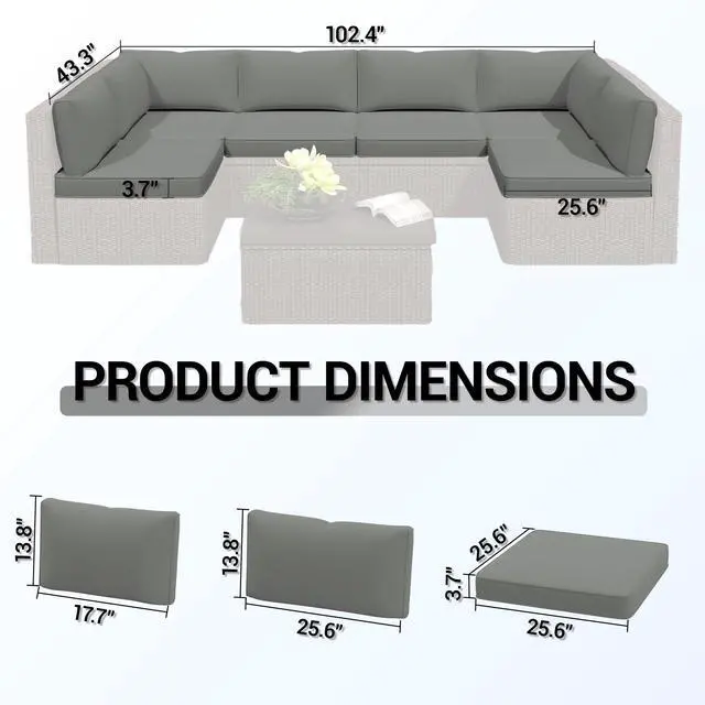 Alt view image 3 of 7 - VANBOW Outdoor Replacement Cushions 14-Piece Deep Seat Water-Resistant Patio Furniture Cushions for 6-Seat Sectional Rattan Sets, Grey