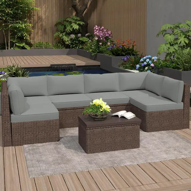 Main image of VANBOW Outdoor Replacement Cushions 14-Piece Deep Seat Water-Resistant Patio Furniture Cushions for 6-Seat Sectional Rattan Sets, Grey
