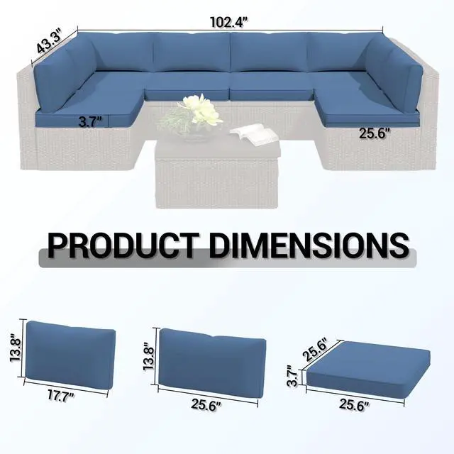Alt view image 3 of 7 - VANBOW Outdoor Replacement Cushions 14-Piece Deep Seat Water-Resistant Patio Furniture Cushions for 6-Seat Sectional Rattan Sets,Blue