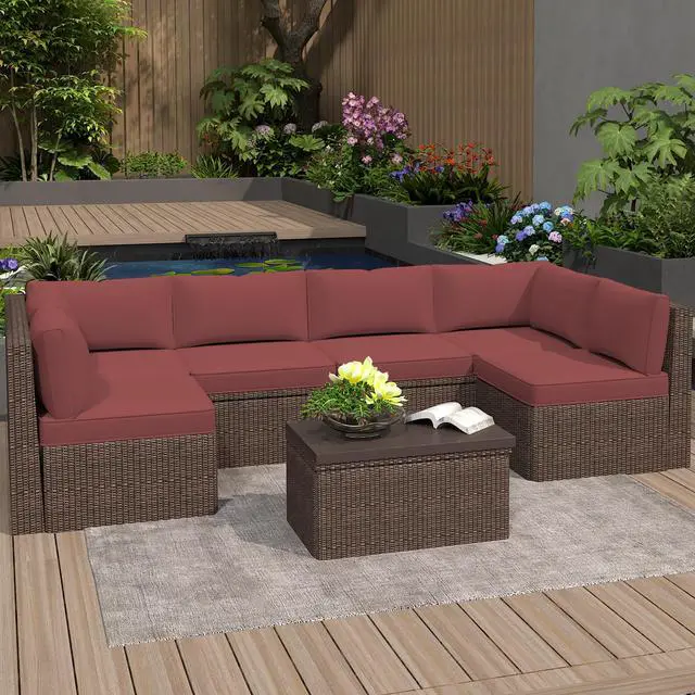 Main image of VANBOW Outdoor Replacement Cushions 14-Piece Deep Seat Water-Resistant Patio Furniture Cushions for 6-Seat Sectional Rattan Sets, Red