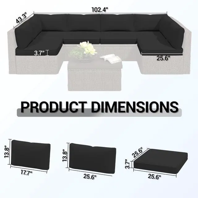 Alt view image 3 of 7 - VANBOW Outdoor Replacement Cushions 14-Piece Deep Seat Water-Resistant Patio Furniture Cushions for 6-Seat Sectional Rattan Sets, Black