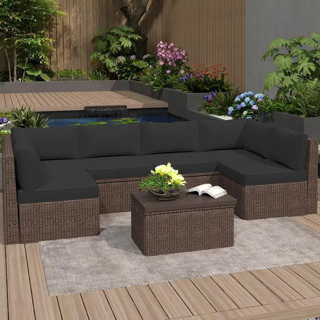 Main image of VANBOW Outdoor Replacement Cushions 14-Piece Deep Seat Water-Resistant Patio Furniture Cushions for 6-Seat Sectional Rattan Sets, Black