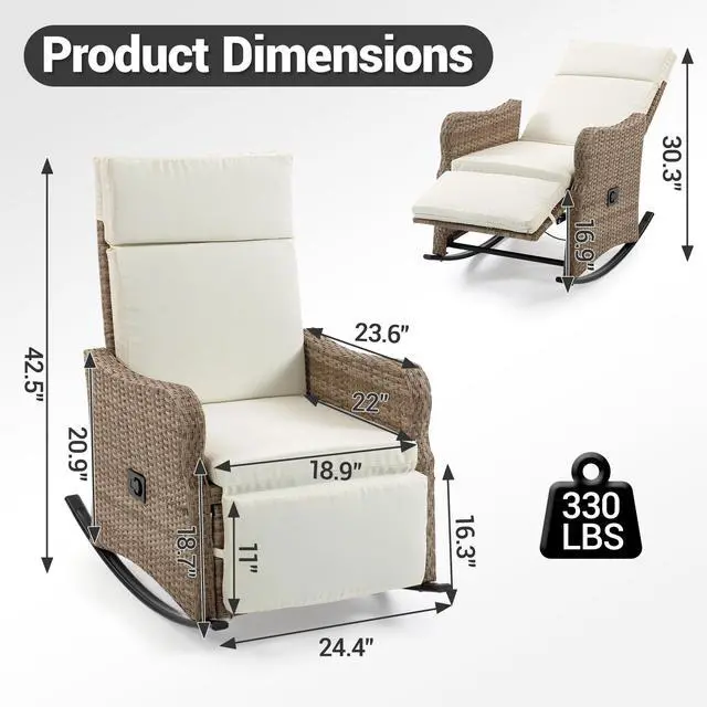 Alt view image 3 of 7 - VANBOW Outdoor Recliner Chair for Patio 2-in-1 Convertible Footrest & Rocking Mode, 90-135° Adjustable Backrest, Rattan Wicker Chair with Removable Cushion for Garden, Balcony, Porch, Light Beige