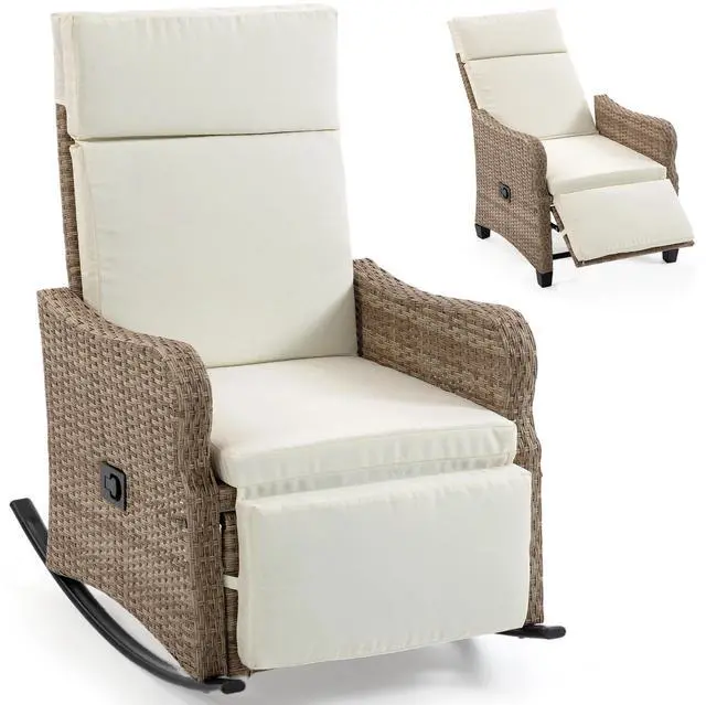 Alt view image 2 of 7 - VANBOW Outdoor Recliner Chair for Patio 2-in-1 Convertible Footrest & Rocking Mode, 90-135° Adjustable Backrest, Rattan Wicker Chair with Removable Cushion for Garden, Balcony, Porch, Light Beige