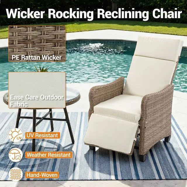 Alt view image 6 of 7 - VANBOW Outdoor Recliner Chair for Patio 2-in-1 Convertible Footrest & Rocking Mode, 90-135° Adjustable Backrest, Rattan Wicker Chair with Removable Cushion for Garden, Balcony, Porch, Light Beige