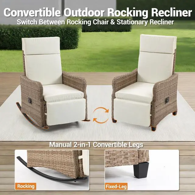Alt view image 4 of 7 - VANBOW Outdoor Recliner Chair for Patio 2-in-1 Convertible Footrest & Rocking Mode, 90-135° Adjustable Backrest, Rattan Wicker Chair with Removable Cushion for Garden, Balcony, Porch, Light Beige