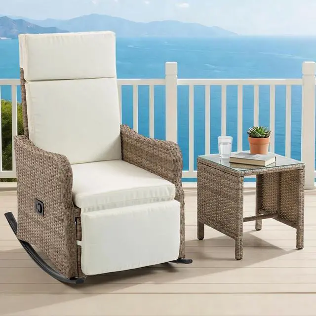 Main image of VANBOW Outdoor Recliner Chair for Patio 2-in-1 Convertible Footrest & Rocking Mode, 90-135° Adjustable Backrest, Rattan Wicker Chair with Removable Cushion for Garden, Balcony, Porch, Light Beige