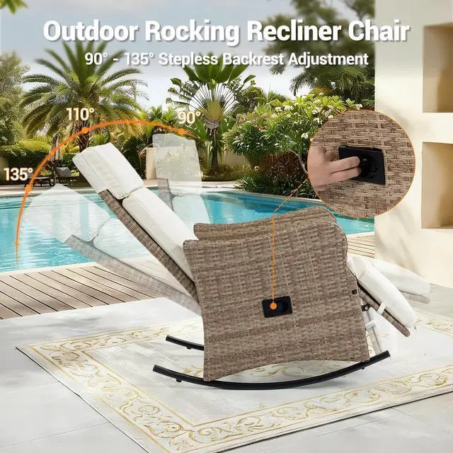 Alt view image 5 of 7 - VANBOW Outdoor Recliner Chair for Patio 2-in-1 Convertible Footrest & Rocking Mode, 90-135° Adjustable Backrest, Rattan Wicker Chair with Removable Cushion for Garden, Balcony, Porch, Light Beige