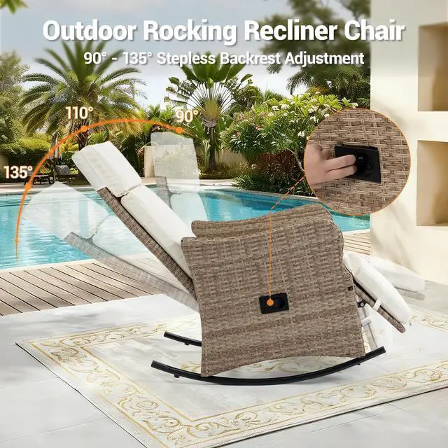 Alt view image 4 of 6 - VANBOW 2 Set Outdoor Recliner Chair for Patio 2-in-1 Convertible Footrest & Rocking Mode, 90-135° Adjustable Backrest, Rattan Wicker Chair with Removable Cushion for Garden, Balcony, Porch, Light Be