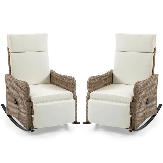 Alt view image 2 of 6 - VANBOW 2 Set Outdoor Recliner Chair for Patio 2-in-1 Convertible Footrest & Rocking Mode, 90-135° Adjustable Backrest, Rattan Wicker Chair with Removable Cushion for Garden, Balcony, Porch, Light Be
