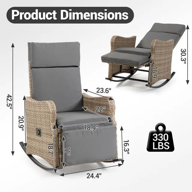 Alt view image 3 of 7 - VANBOW 2 Set Outdoor Recliner Chair for Patio 2-in-1 Convertible Footrest & Rocking Mode, 90-135° Adjustable Backrest, Rattan Wicker Chair with Removable Cushion for Garden, Balcony, Porch, Gray