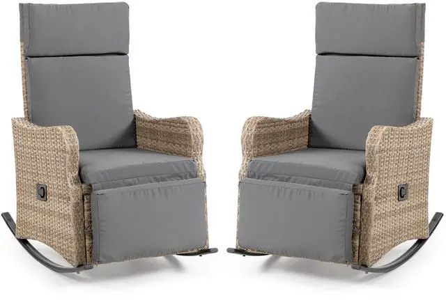 Alt view image 2 of 7 - VANBOW 2 Set Outdoor Recliner Chair for Patio 2-in-1 Convertible Footrest & Rocking Mode, 90-135° Adjustable Backrest, Rattan Wicker Chair with Removable Cushion for Garden, Balcony, Porch, Gray