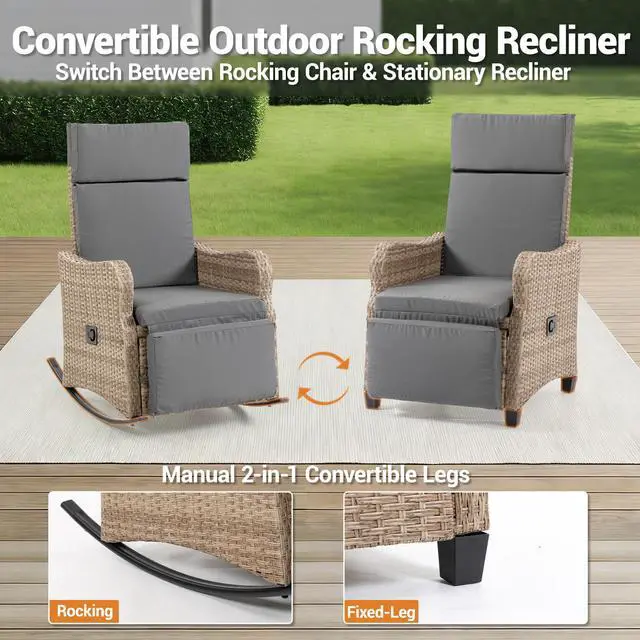 Alt view image 4 of 7 - VANBOW 2 Set Outdoor Recliner Chair for Patio 2-in-1 Convertible Footrest & Rocking Mode, 90-135° Adjustable Backrest, Rattan Wicker Chair with Removable Cushion for Garden, Balcony, Porch, Gray