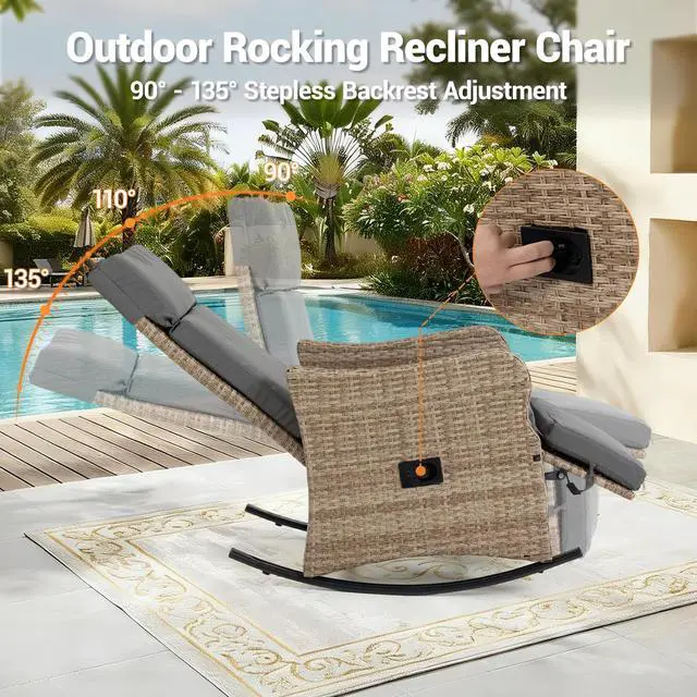 Alt view image 5 of 7 - VANBOW 2 Set Outdoor Recliner Chair for Patio 2-in-1 Convertible Footrest & Rocking Mode, 90-135° Adjustable Backrest, Rattan Wicker Chair with Removable Cushion for Garden, Balcony, Porch, Gray