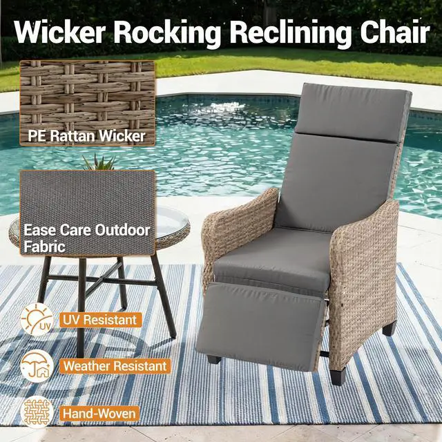 Alt view image 6 of 7 - VANBOW 2 Set Outdoor Recliner Chair for Patio 2-in-1 Convertible Footrest & Rocking Mode, 90-135° Adjustable Backrest, Rattan Wicker Chair with Removable Cushion for Garden, Balcony, Porch, Gray